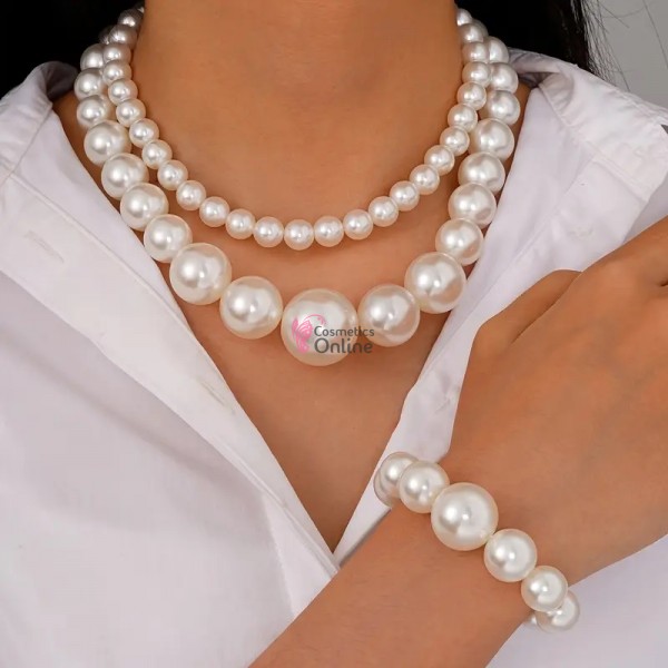 Colier  elegant AS16SS Argintiu cu perle Alb-Crem din 2 siraguri + 1 Bratara